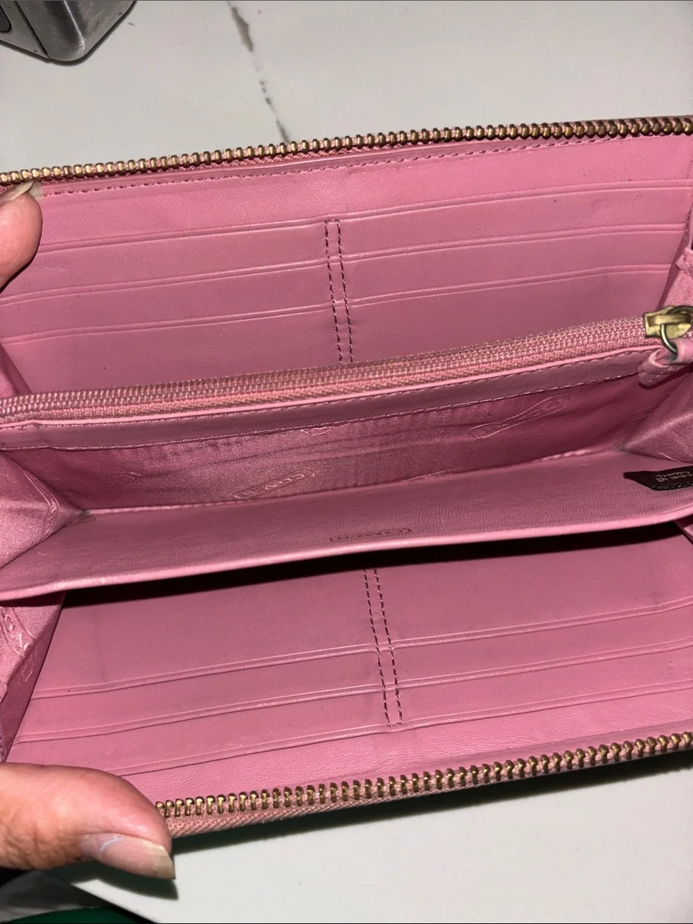 Coach Brown Signature Canvas Wallet with Pink Trim